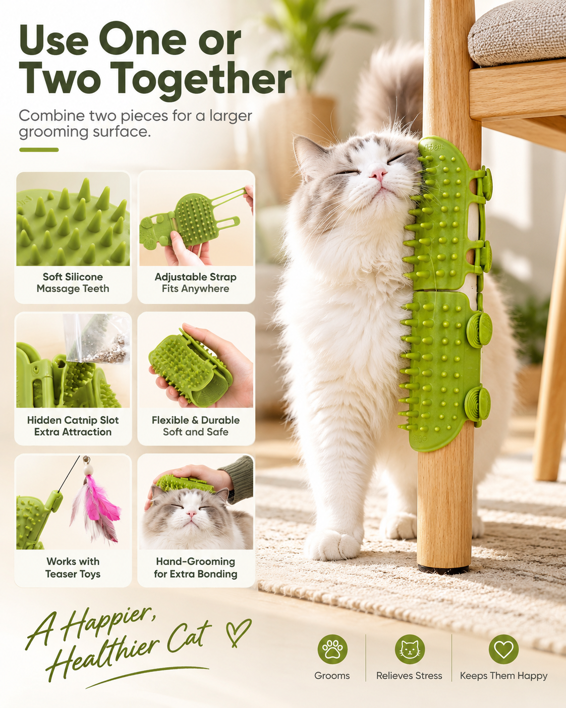 "Say goodbye to cat hair with this self-cleaning grooming comb!  Keep your furry friend happy and your home hair-free. Perfect for scratching and rubbing. Get yours now!