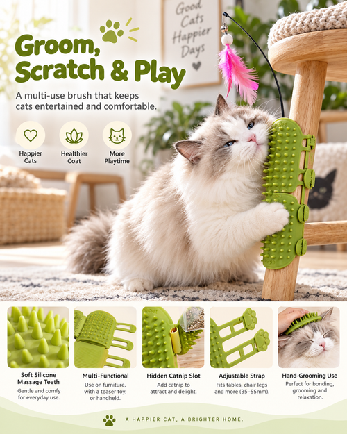 "Say goodbye to cat hair with this self-cleaning grooming comb!  Keep your furry friend happy and your home hair-free. Perfect for scratching and rubbing. Get yours now!