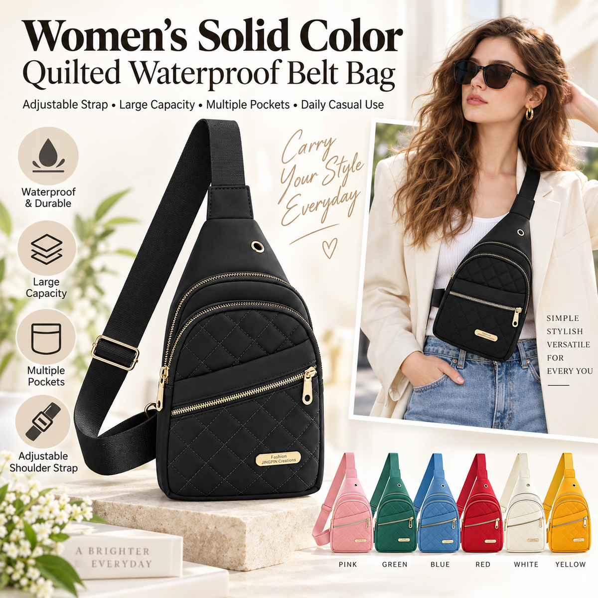 Women's Solid Color Quilted Waterproof Belt Bag - Adjustable Strap, Large Capacity, Matching Multiple Pockets, Versatile Casual Daily Use, Ideal Gifts for Women