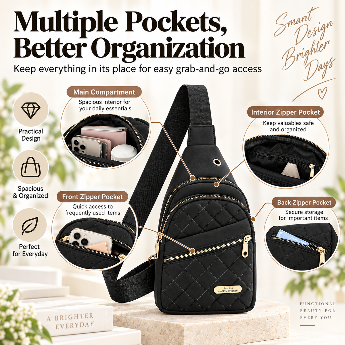 Women's Solid Color Quilted Waterproof Belt Bag - Adjustable Strap, Large Capacity, Matching Multiple Pockets, Versatile Casual Daily Use, Ideal Gifts for Women