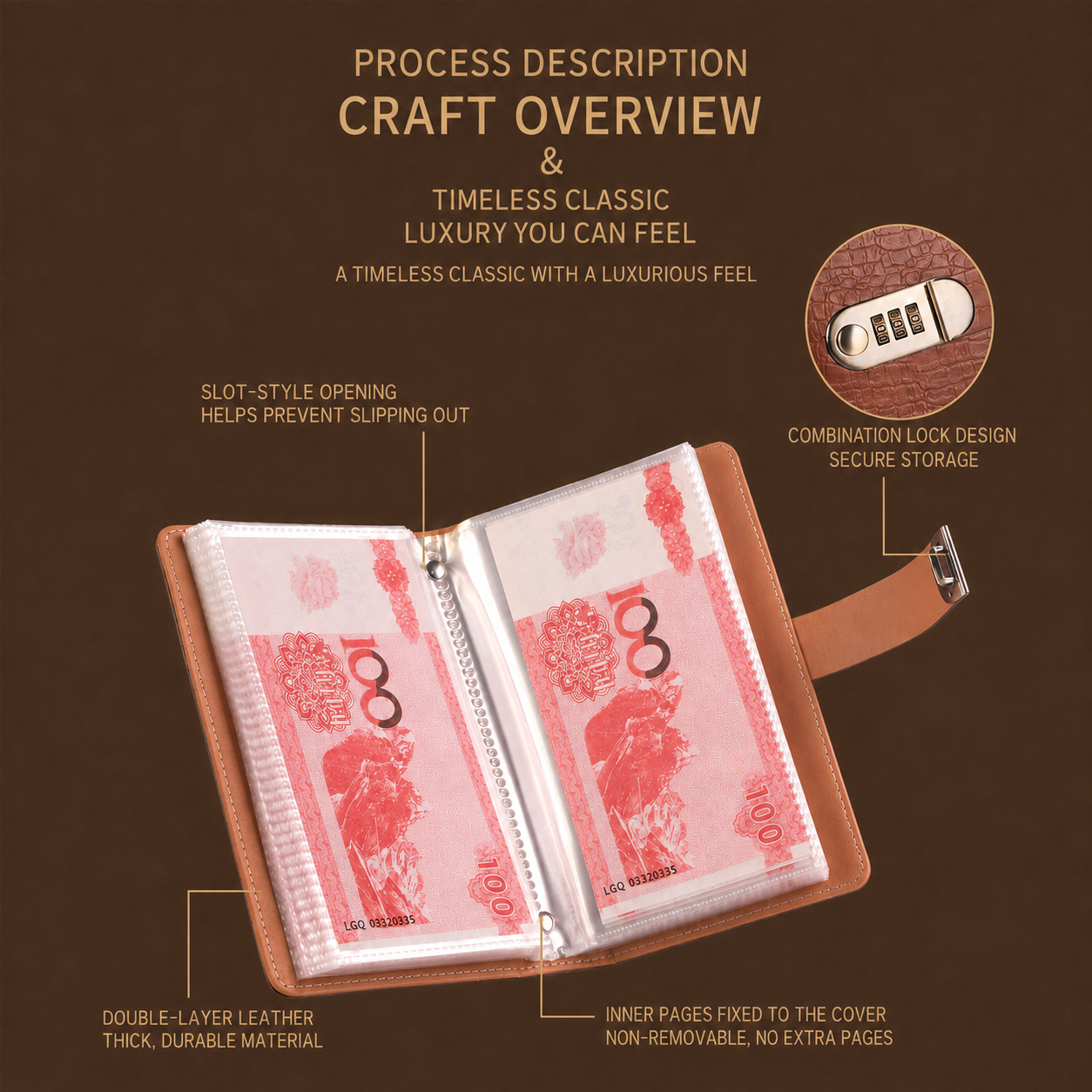 Transparent-Pocket Currency Collectors Album, Top-Grade PU Leather, Password Lock, Durable Material, Secure Protection, Large Capacity Storage