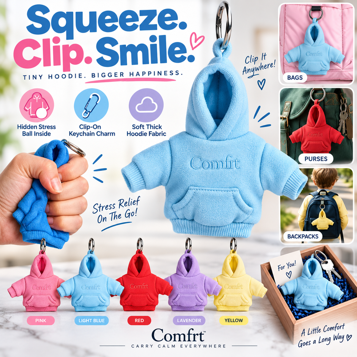 Comfrt | Hoodie Keychain | Miniature Stress Ball Hoodie Clip-On Keychain Charm