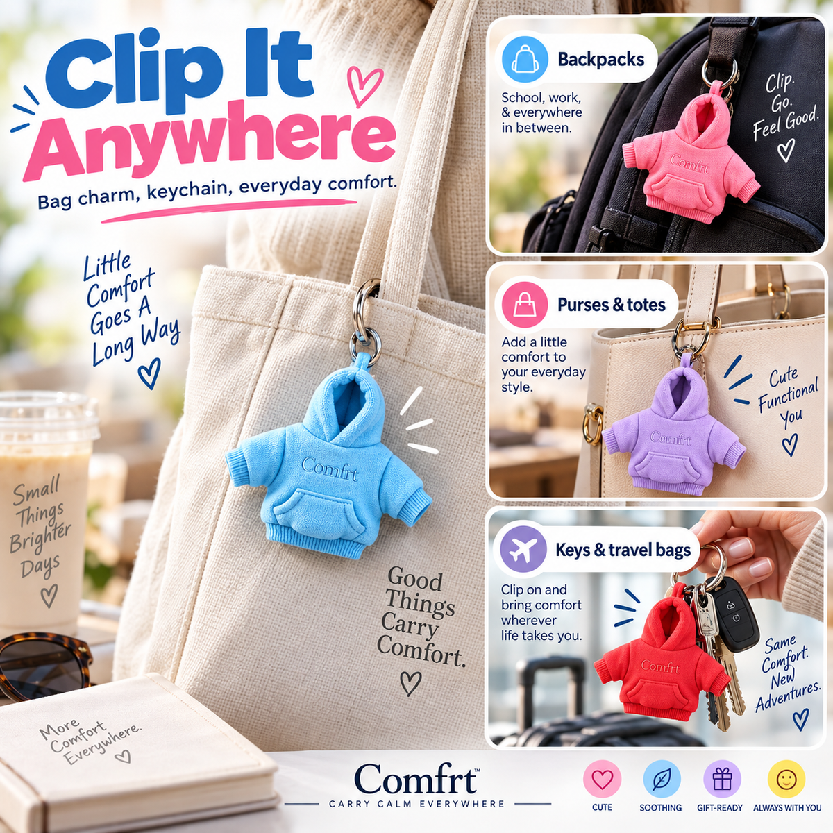 Comfrt | Hoodie Keychain | Miniature Stress Ball Hoodie Clip-On Keychain Charm