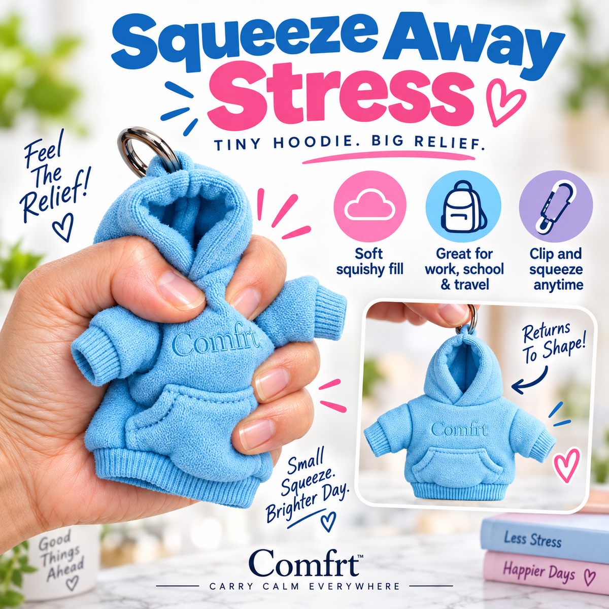 Comfrt | Hoodie Keychain | Miniature Stress Ball Hoodie Clip-On Keychain Charm