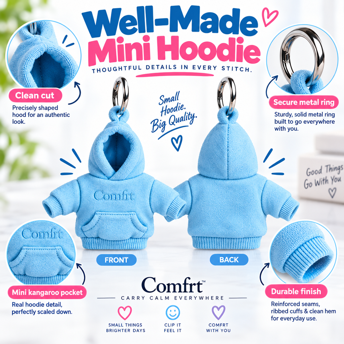 Comfrt | Hoodie Keychain | Miniature Stress Ball Hoodie Clip-On Keychain Charm