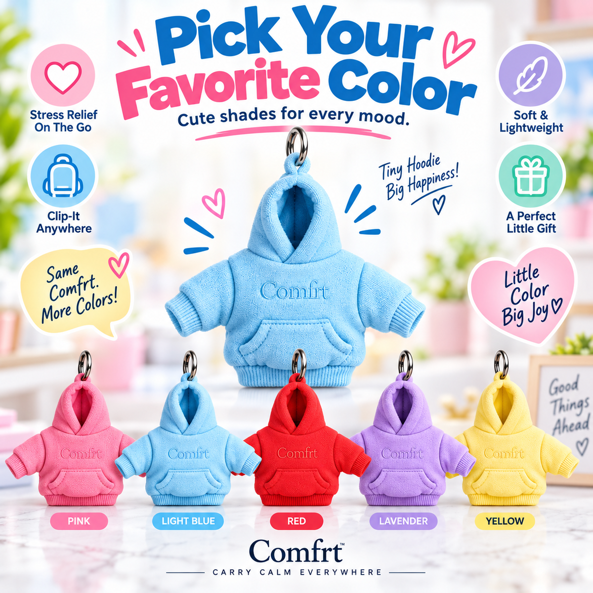 Comfrt | Hoodie Keychain | Miniature Stress Ball Hoodie Clip-On Keychain Charm