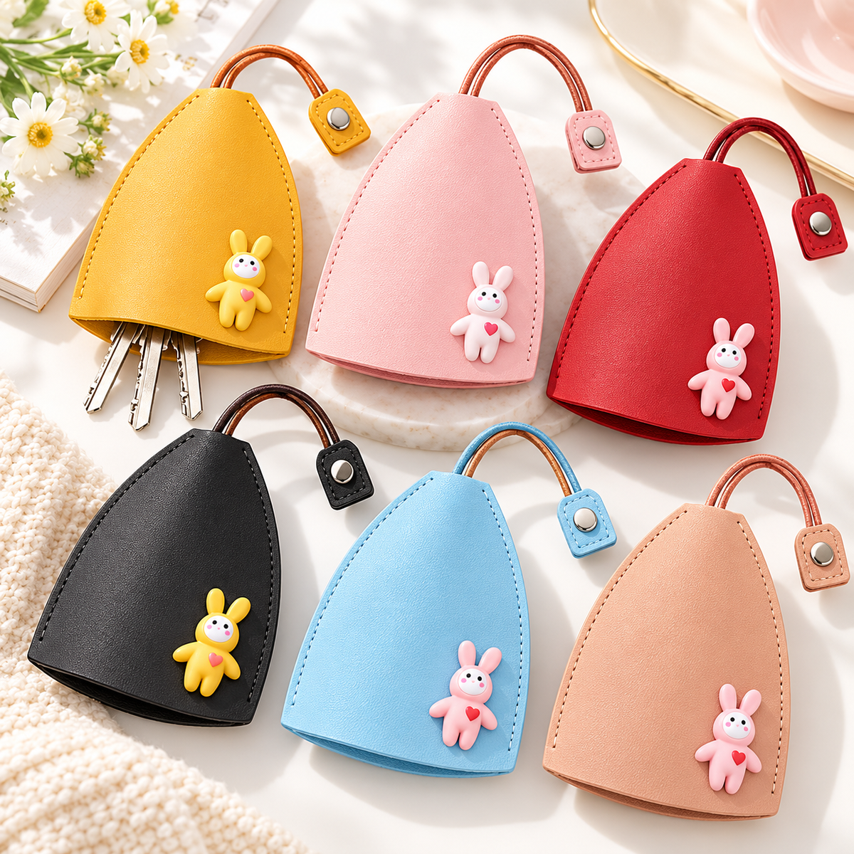 Cute Cartoon Pull-out Key Case, Portable Leather Car Key Holder, Quick Pull Design Anti-Scratch Key Pouch, Kawaii Key Bag for Women Gift