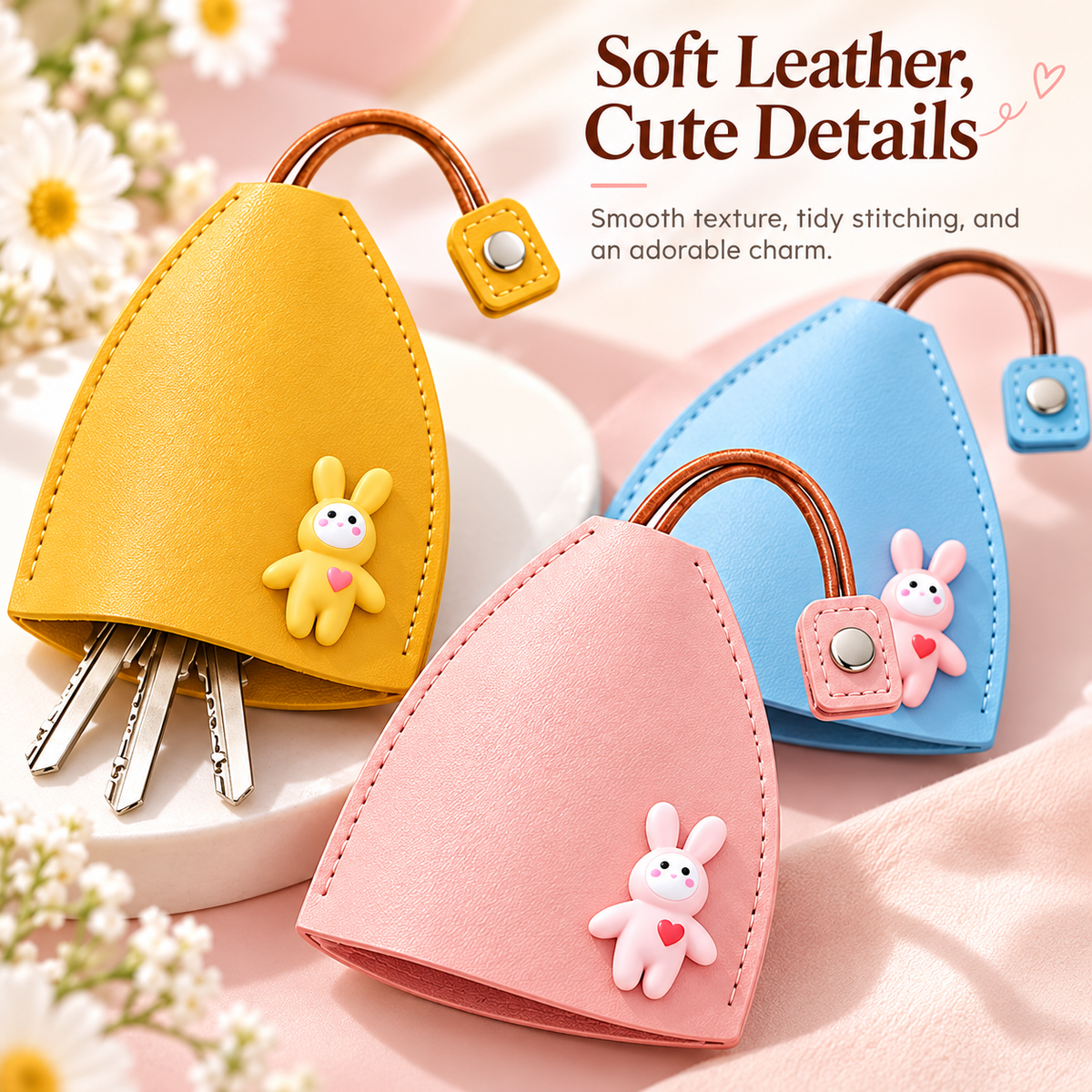 Cute Cartoon Pull-out Key Case, Portable Leather Car Key Holder, Quick Pull Design Anti-Scratch Key Pouch, Kawaii Key Bag for Women Gift