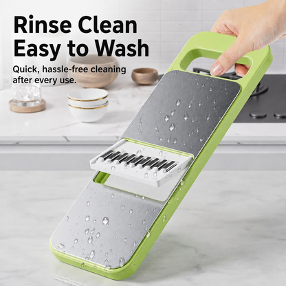 Multi-shaped slicer with adjustable stainless steel blades.