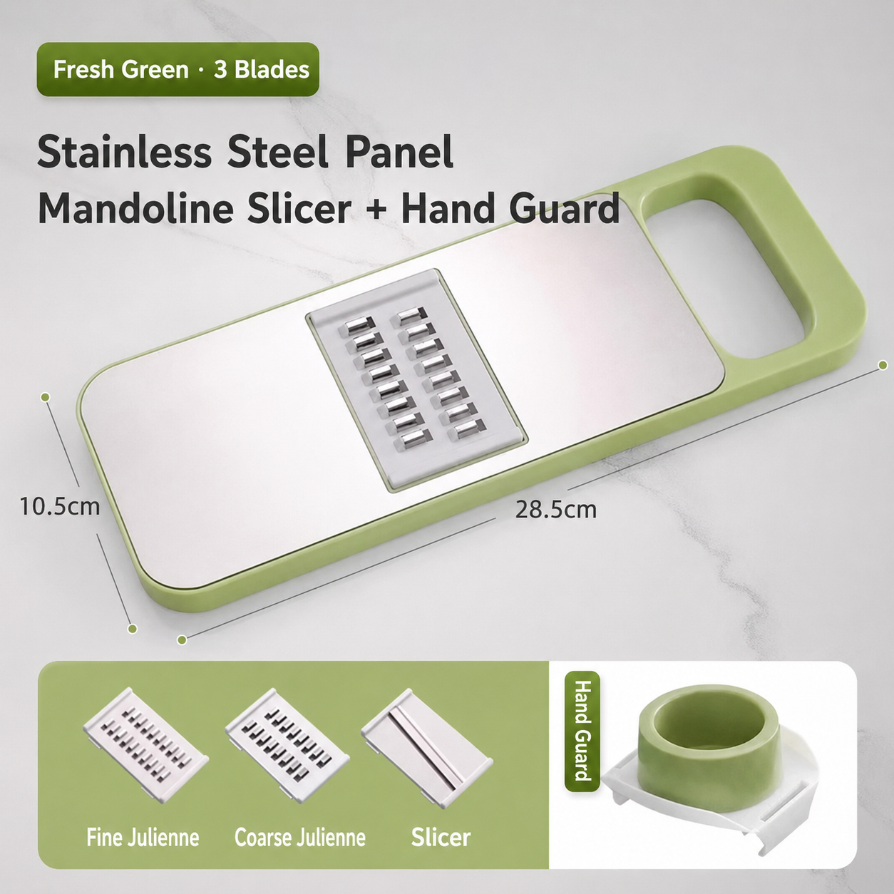 Multi-shaped slicer with adjustable stainless steel blades.