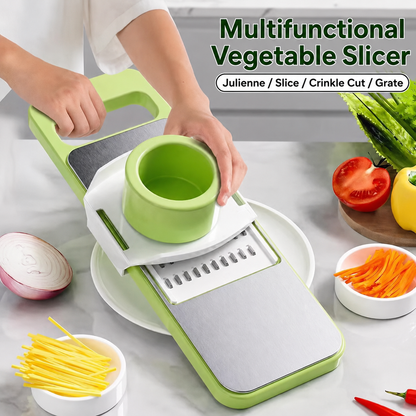 Multi-shaped slicer with adjustable stainless steel blades.
