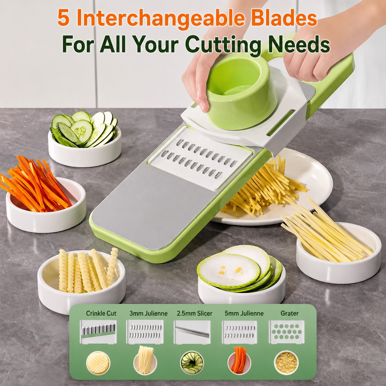 Multi-shaped slicer with adjustable stainless steel blades.