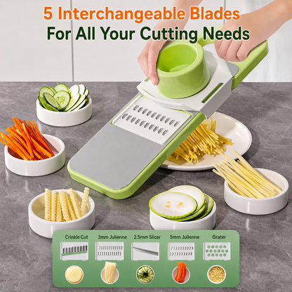 Multi-shaped slicer with adjustable stainless steel blades.