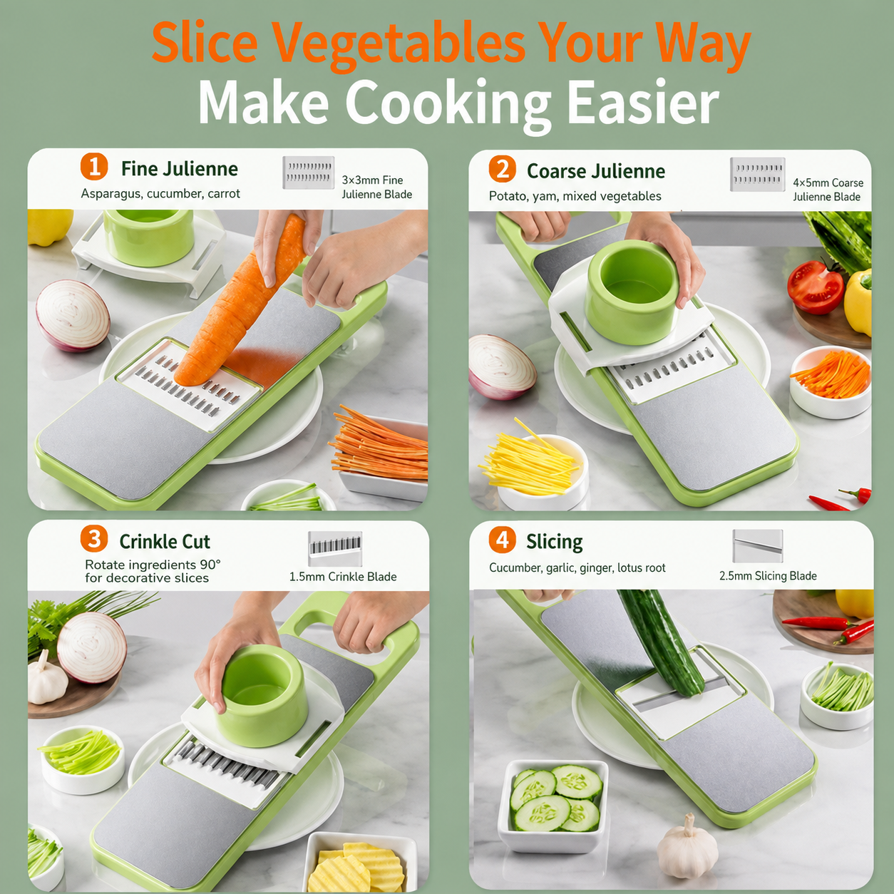 Multi-shaped slicer with adjustable stainless steel blades.