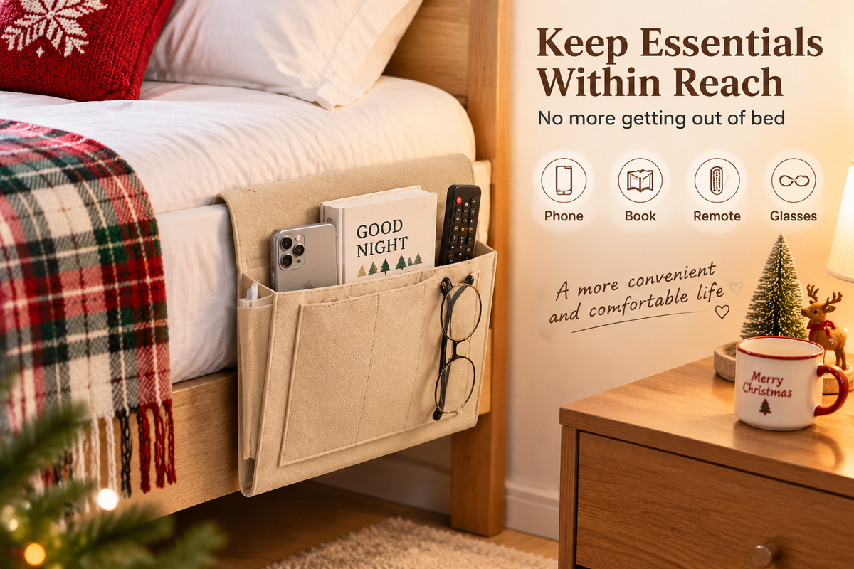 Bedside Caddy, 5 Pockets Felt Bedside Storage Organizer, Hanging Storage Organizer for Home Bedroom Living Room College Dorm Bed Water Bottles, Magazines, Phone, Glasses