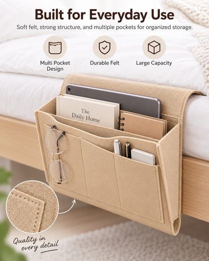 Bedside Caddy, 5 Pockets Felt Bedside Storage Organizer, Hanging Storage Organizer for Home Bedroom Living Room College Dorm Bed Water Bottles, Magazines, Phone, Glasses