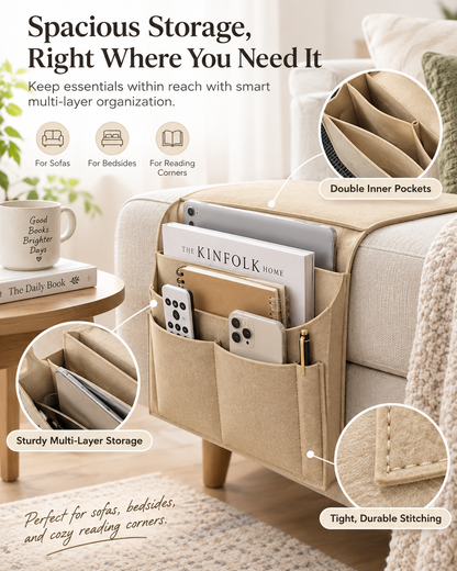 Bedside Caddy, 5 Pockets Felt Bedside Storage Organizer, Hanging Storage Organizer for Home Bedroom Living Room College Dorm Bed Water Bottles, Magazines, Phone, Glasses