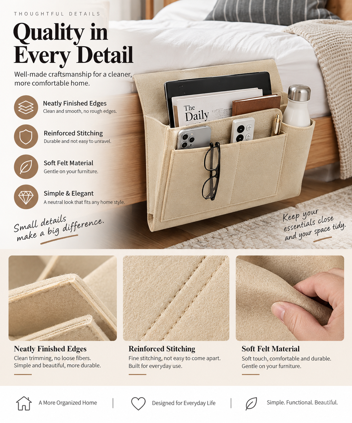 Bedside Caddy, 5 Pockets Felt Bedside Storage Organizer, Hanging Storage Organizer for Home Bedroom Living Room College Dorm Bed Water Bottles, Magazines, Phone, Glasses