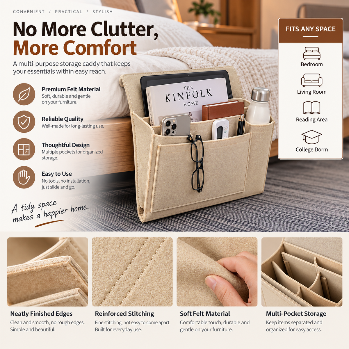 Bedside Caddy, 5 Pockets Felt Bedside Storage Organizer, Hanging Storage Organizer for Home Bedroom Living Room College Dorm Bed Water Bottles, Magazines, Phone, Glasses