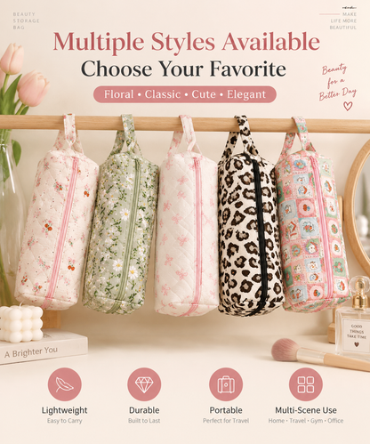 Quilted Multi‑Purpose Storage Bag, Portable Zipper Cosmetic Makeup Pouch with Handle