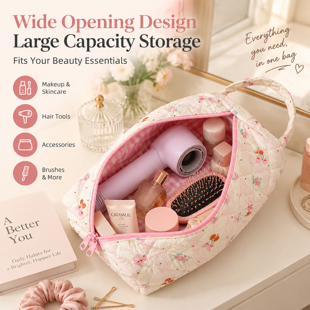 Quilted Multi‑Purpose Storage Bag, Portable Zipper Cosmetic Makeup Pouch with Handle