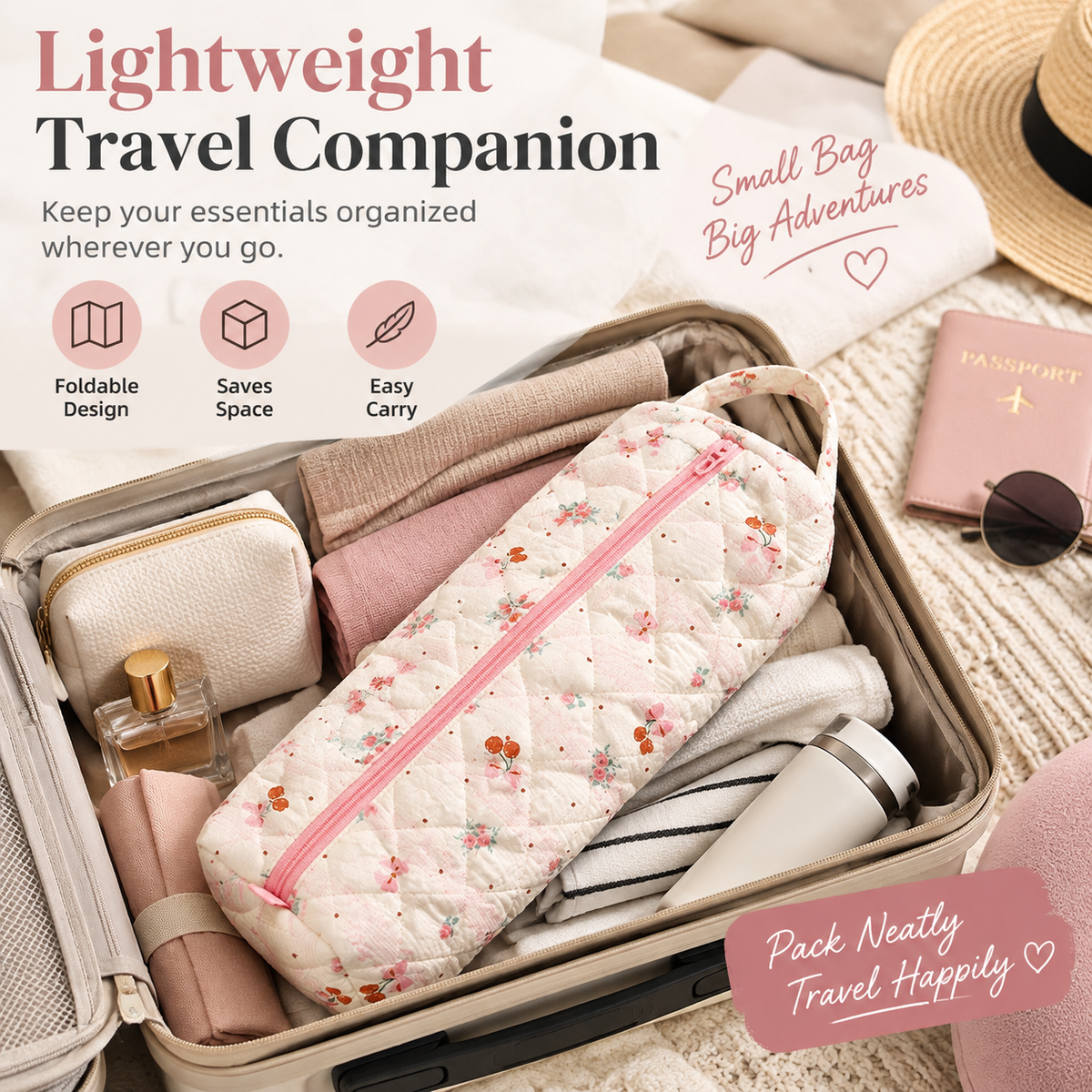 Quilted Multi‑Purpose Storage Bag, Portable Zipper Cosmetic Makeup Pouch with Handle