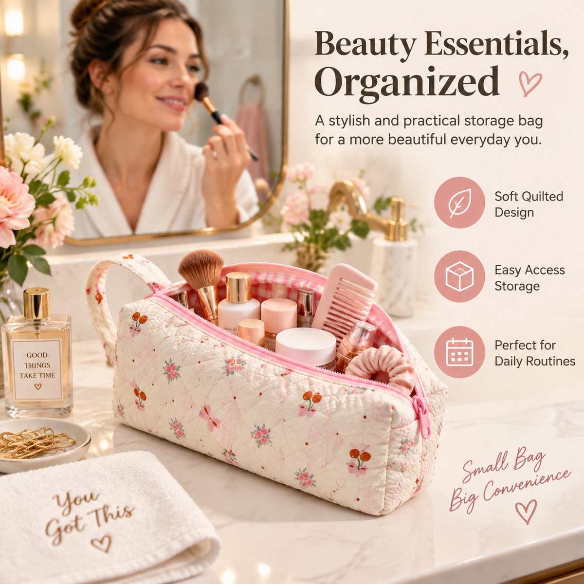 Quilted Multi‑Purpose Storage Bag, Portable Zipper Cosmetic Makeup Pouch with Handle