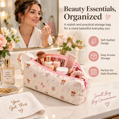 Quilted Multi‑Purpose Storage Bag, Portable Zipper Cosmetic Makeup Pouch with Handle