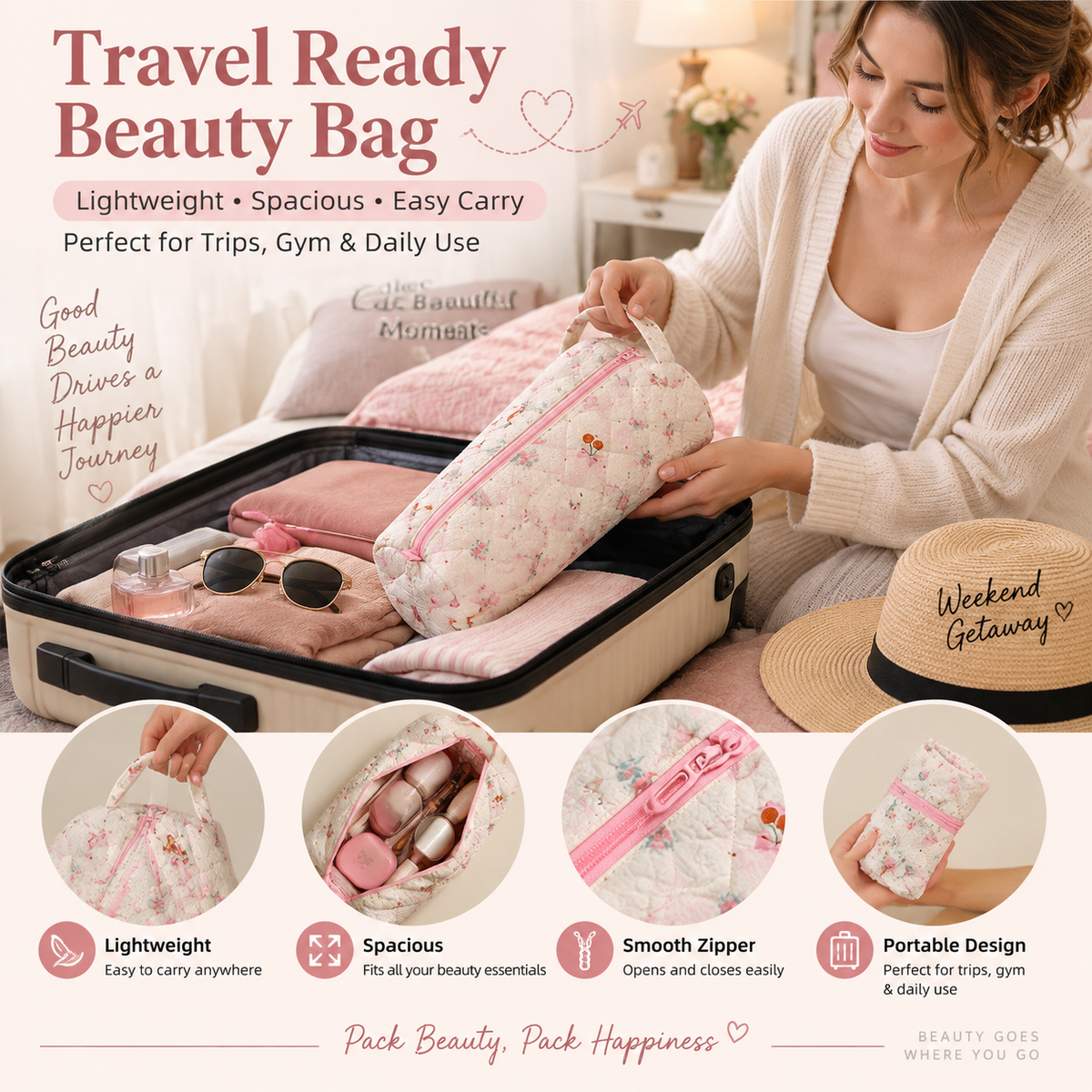 Quilted Multi‑Purpose Storage Bag, Portable Zipper Cosmetic Makeup Pouch with Handle
