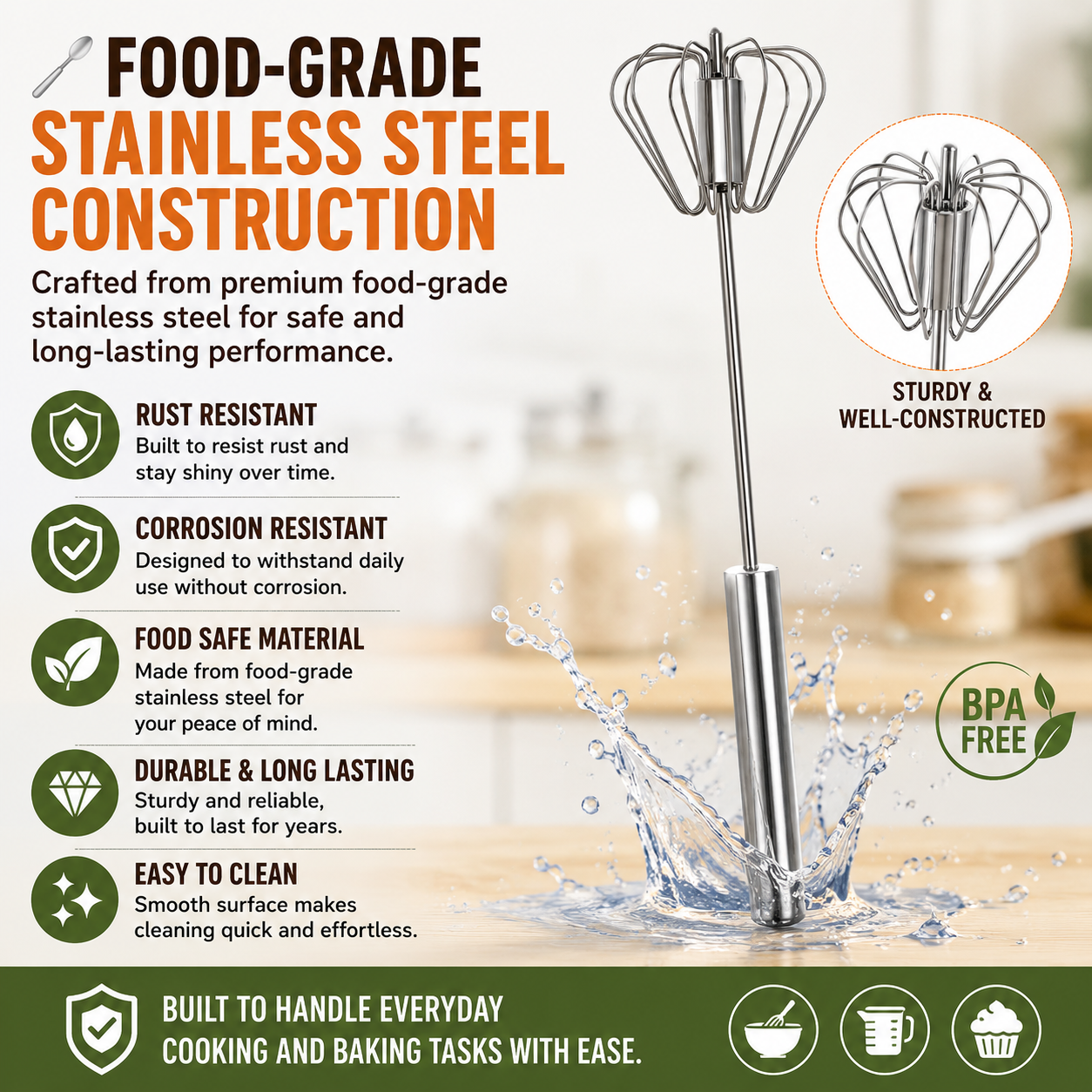 Stainless Steel Hand-Push Rotary Whisk – Effortless Mixing in Seconds!