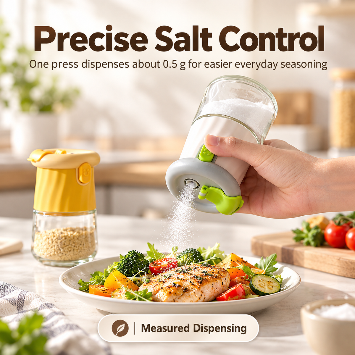 2-in-1 Quantitative Glass Salt Shaker, Press Control Dual Mode Seasoning Dispenser, Sprinkle & Pour Dual Purpose Spice Container for Salt, Sugar, Pepper and Granular Seasonings, Kitchen Seasoning Storage Jar