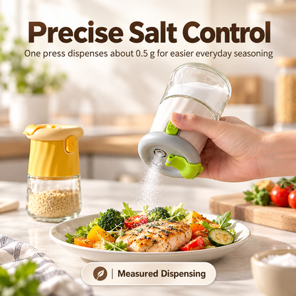 2-in-1 Quantitative Glass Salt Shaker, Press Control Dual Mode Seasoning Dispenser, Sprinkle & Pour Dual Purpose Spice Container for Salt, Sugar, Pepper and Granular Seasonings, Kitchen Seasoning Storage Jar