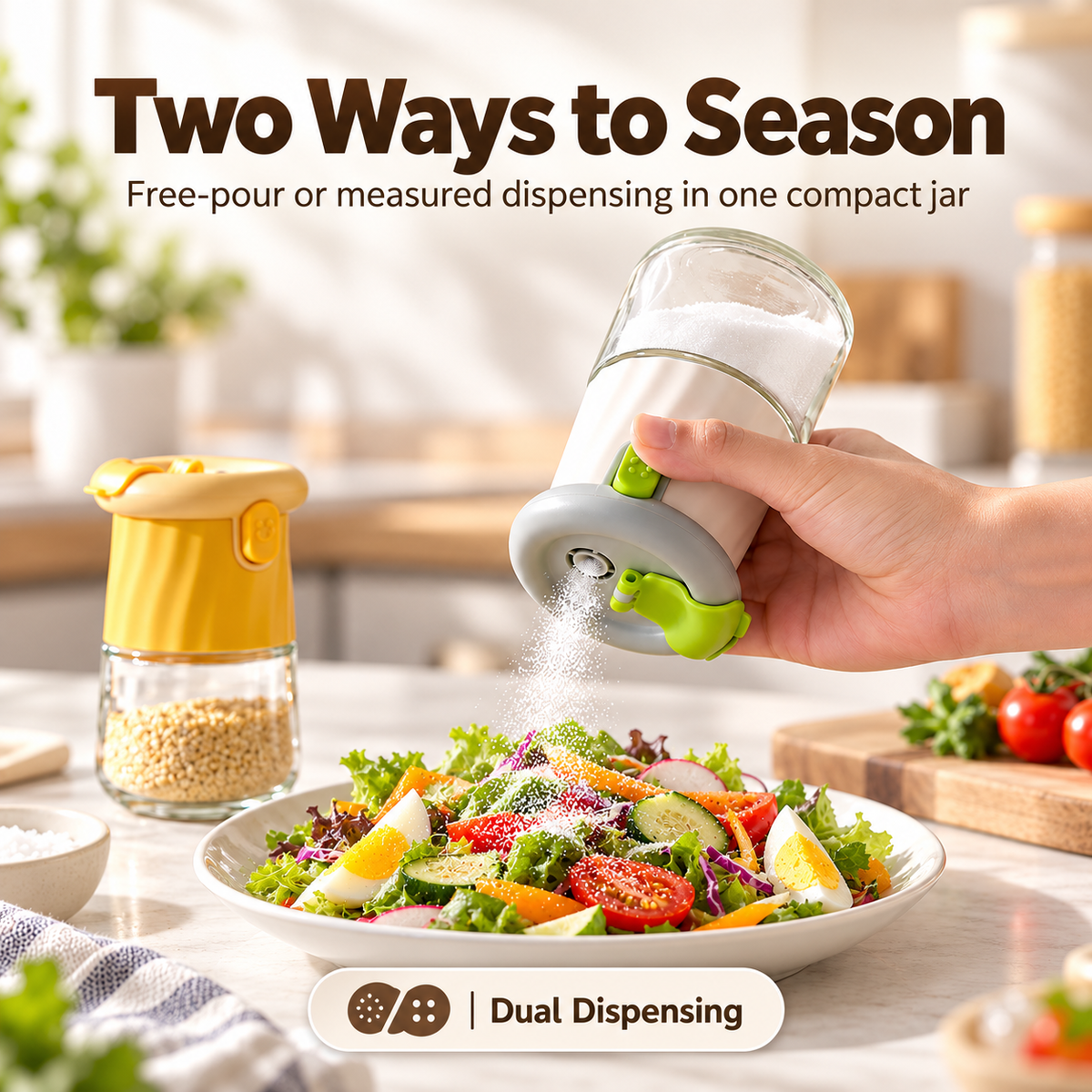 2-in-1 Quantitative Glass Salt Shaker, Press Control Dual Mode Seasoning Dispenser, Sprinkle & Pour Dual Purpose Spice Container for Salt, Sugar, Pepper and Granular Seasonings, Kitchen Seasoning Storage Jar