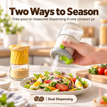 2-in-1 Quantitative Glass Salt Shaker, Press Control Dual Mode Seasoning Dispenser, Sprinkle & Pour Dual Purpose Spice Container for Salt, Sugar, Pepper and Granular Seasonings, Kitchen Seasoning Storage Jar