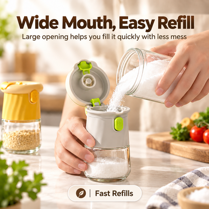 2-in-1 Quantitative Glass Salt Shaker, Press Control Dual Mode Seasoning Dispenser, Sprinkle & Pour Dual Purpose Spice Container for Salt, Sugar, Pepper and Granular Seasonings, Kitchen Seasoning Storage Jar