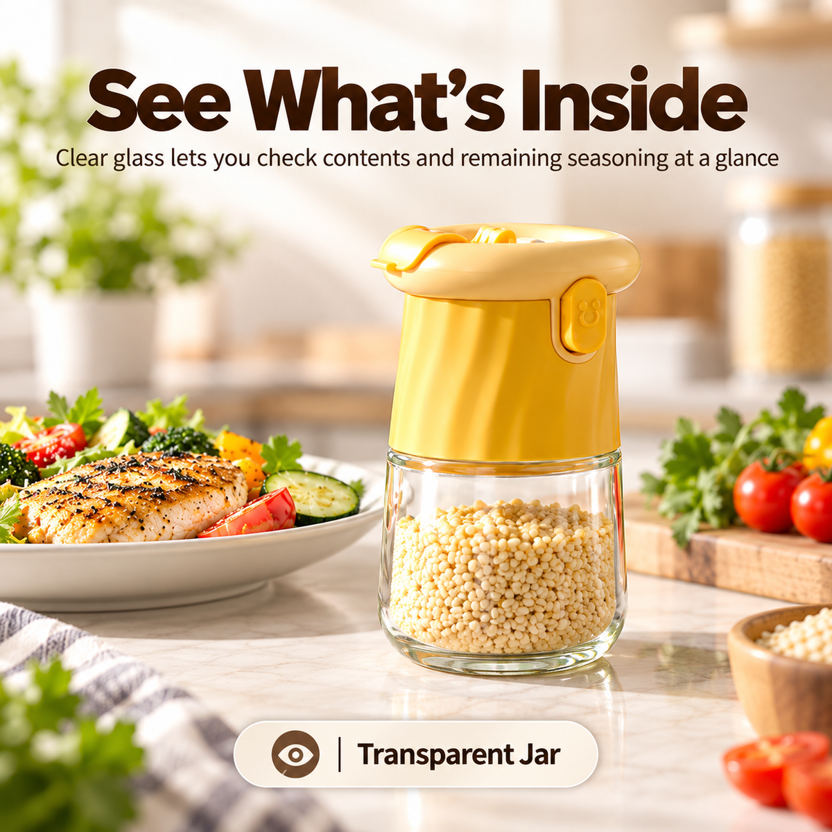 2-in-1 Quantitative Glass Salt Shaker, Press Control Dual Mode Seasoning Dispenser, Sprinkle & Pour Dual Purpose Spice Container for Salt, Sugar, Pepper and Granular Seasonings, Kitchen Seasoning Storage Jar