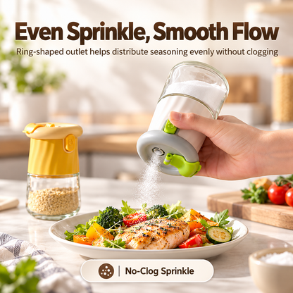 2-in-1 Quantitative Glass Salt Shaker, Press Control Dual Mode Seasoning Dispenser, Sprinkle & Pour Dual Purpose Spice Container for Salt, Sugar, Pepper and Granular Seasonings, Kitchen Seasoning Storage Jar