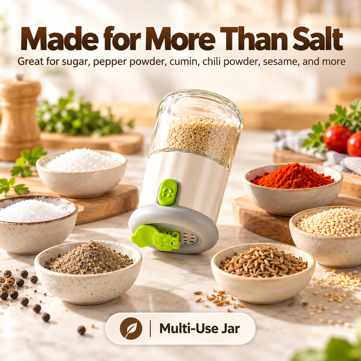 2-in-1 Quantitative Glass Salt Shaker, Press Control Dual Mode Seasoning Dispenser, Sprinkle & Pour Dual Purpose Spice Container for Salt, Sugar, Pepper and Granular Seasonings, Kitchen Seasoning Storage Jar