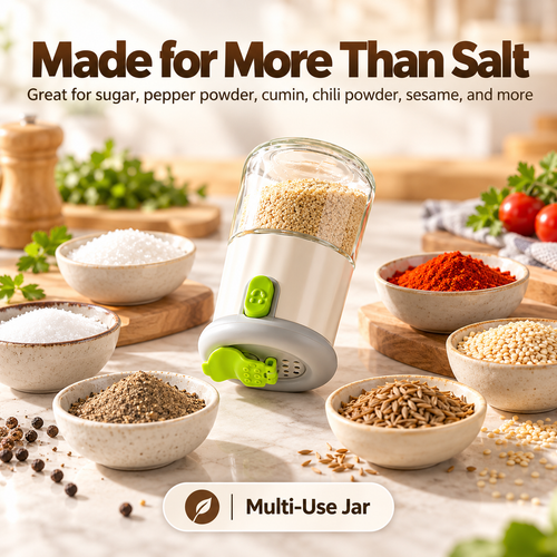 2-in-1 Quantitative Glass Salt Shaker, Press Control Dual Mode Seasoning Dispenser, Sprinkle & Pour Dual Purpose Spice Container for Salt, Sugar, Pepper and Granular Seasonings, Kitchen Seasoning Storage Jar