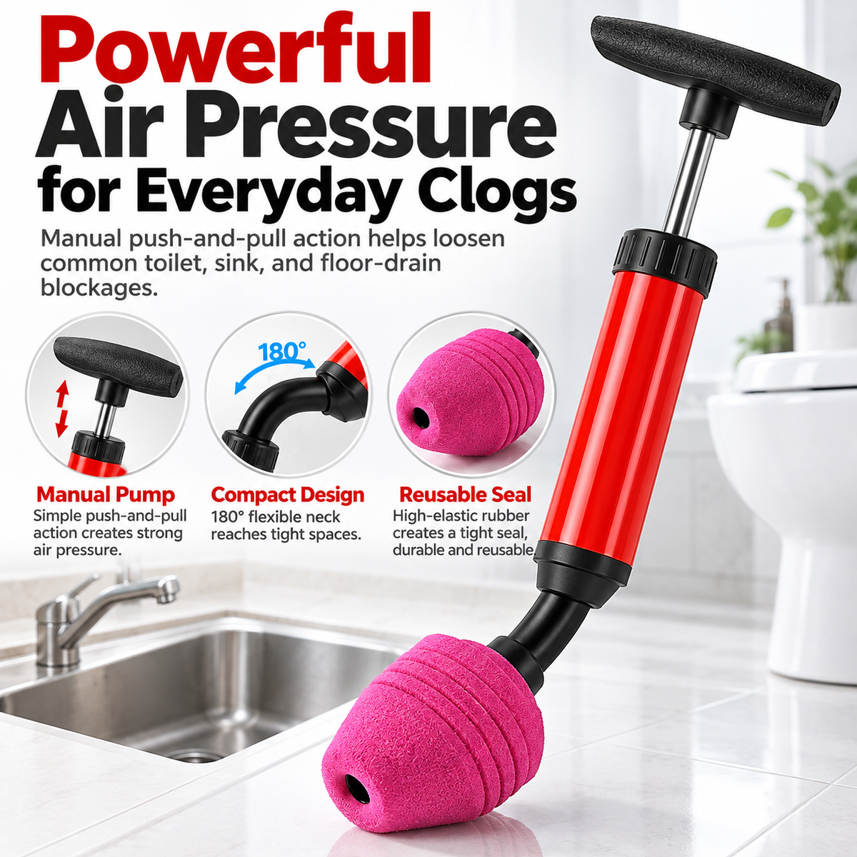 Rubber Toilet Clog Remover Plunger, 1-Piece Tool with Durable Handle, Compact Drain Cleaner for Kitchens & Bathrooms