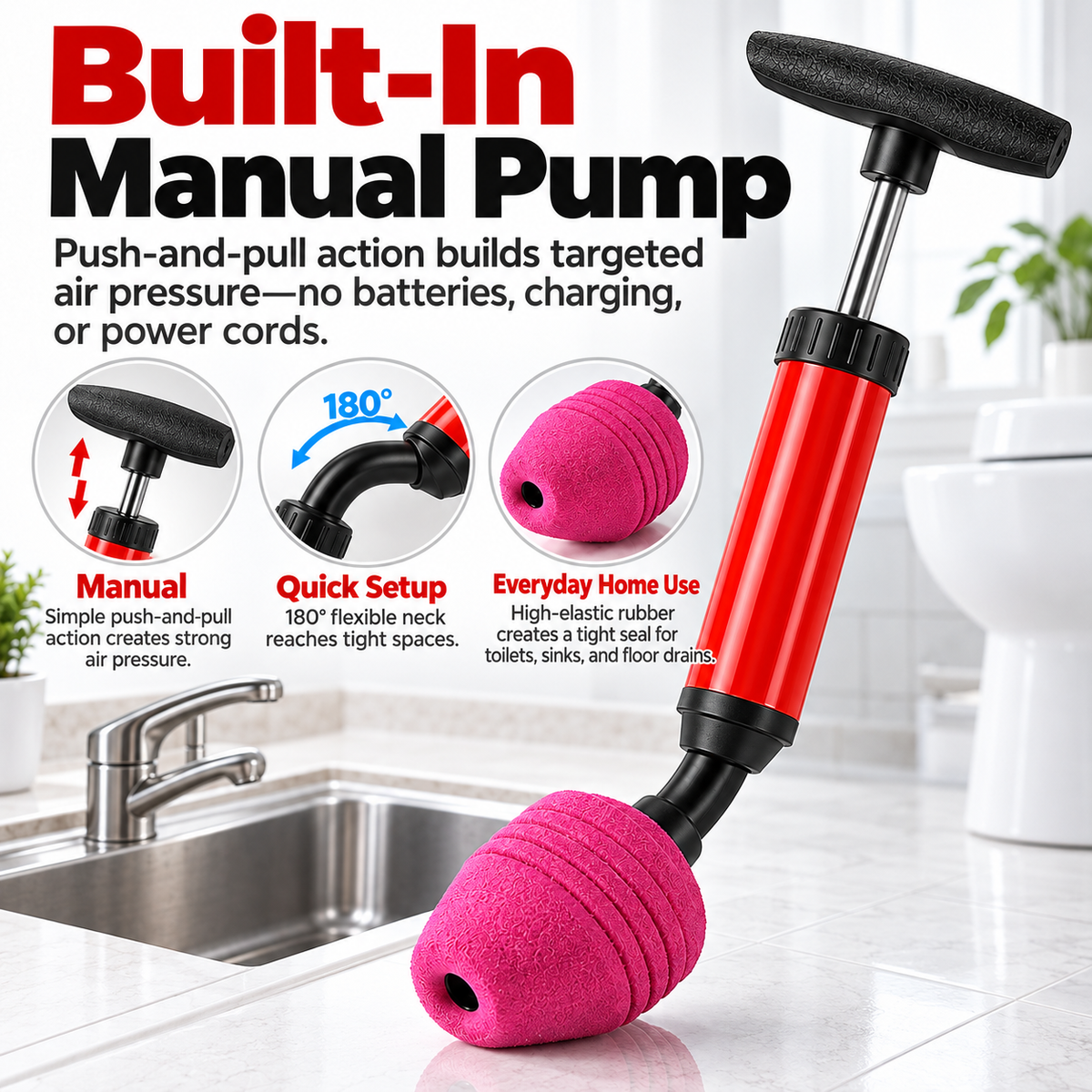 Rubber Toilet Clog Remover Plunger, 1-Piece Tool with Durable Handle, Compact Drain Cleaner for Kitchens & Bathrooms
