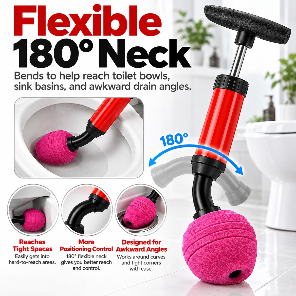 Rubber Toilet Clog Remover Plunger, 1-Piece Tool with Durable Handle, Compact Drain Cleaner for Kitchens & Bathrooms