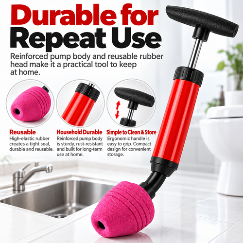 Rubber Toilet Clog Remover Plunger, 1-Piece Tool with Durable Handle, Compact Drain Cleaner for Kitchens & Bathrooms
