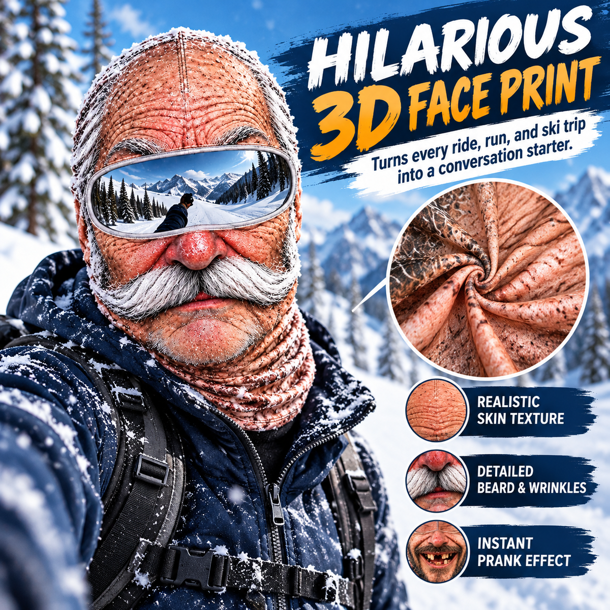 Old Man Ski Winter Face Mask 3D Funny Realistic Face Balaclava Party Gear