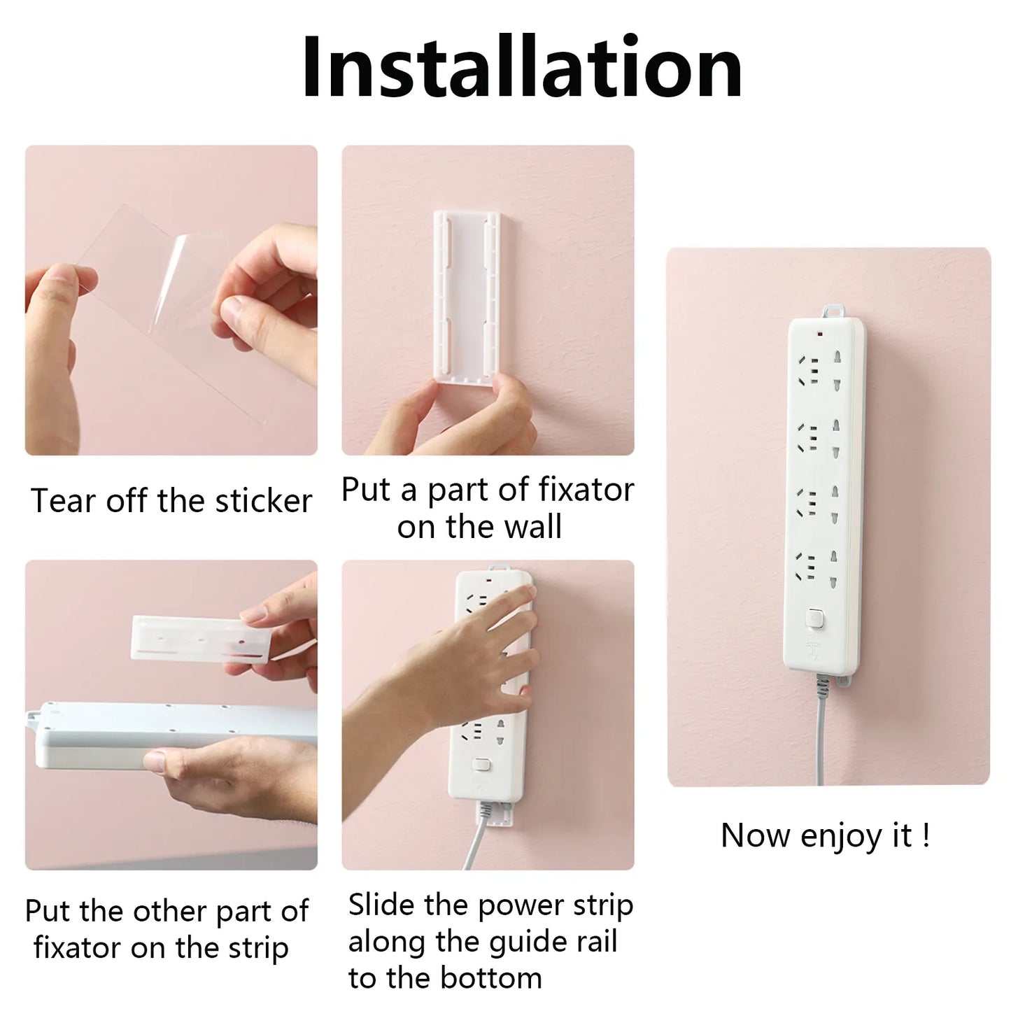 Adhesive Punch-Free Socket Holder, Self Adhesive Desktop Socket Fixer, Power Strip Holder Wall Mount with Cable Organizer Clips