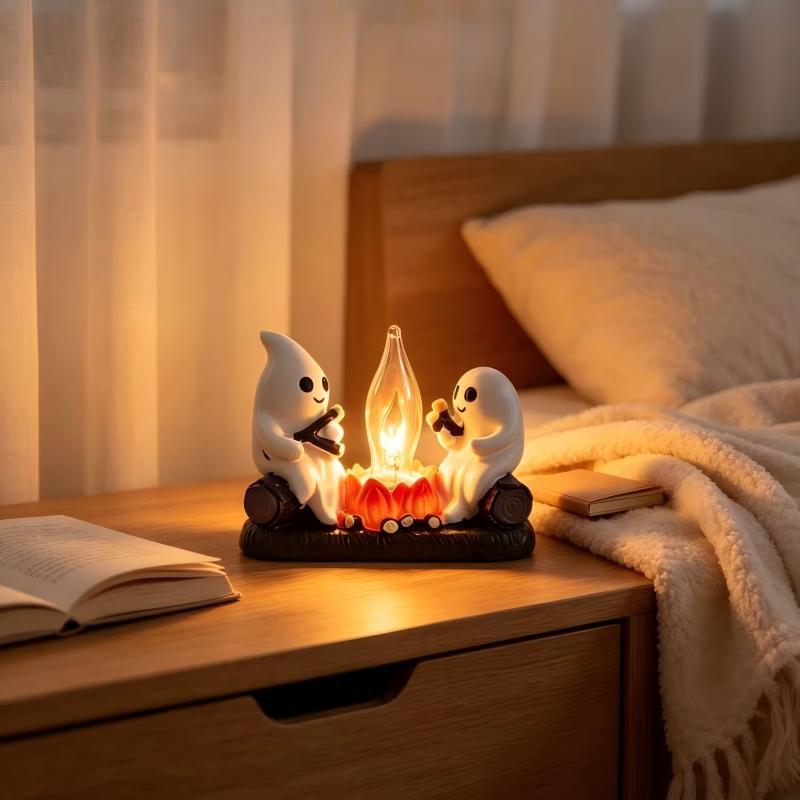 3D Flickering Campfire Plug-In Night Light, Halloween & Christmas Character LED Nightlight, Cute Indoor Holiday Decoration for Bedroom, Hallway and Gifts, Resin