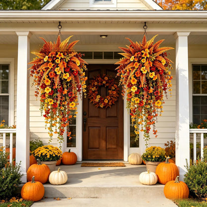 UV-resistant artificial Boston fern plant, realistic large outdoor hanging autumn faux plant, lifelike autumn fern for fall porch decor