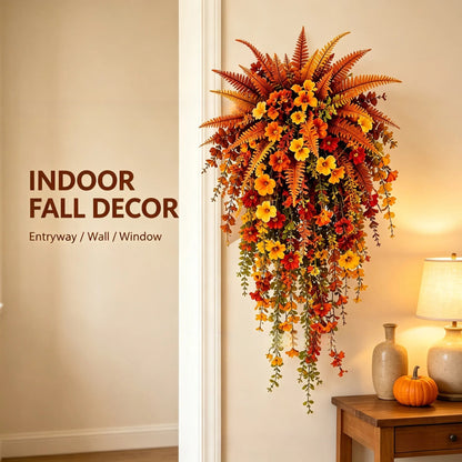 UV-resistant artificial Boston fern plant, realistic large outdoor hanging autumn faux plant, lifelike autumn fern for fall porch decor