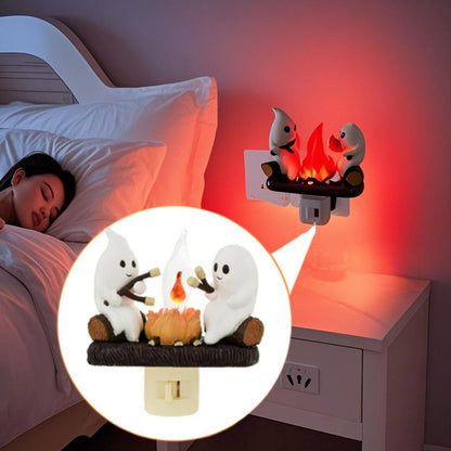 3D Flickering Campfire Plug-In Night Light, Halloween & Christmas Character LED Nightlight, Cute Indoor Holiday Decoration for Bedroom, Hallway and Gifts, Resin
