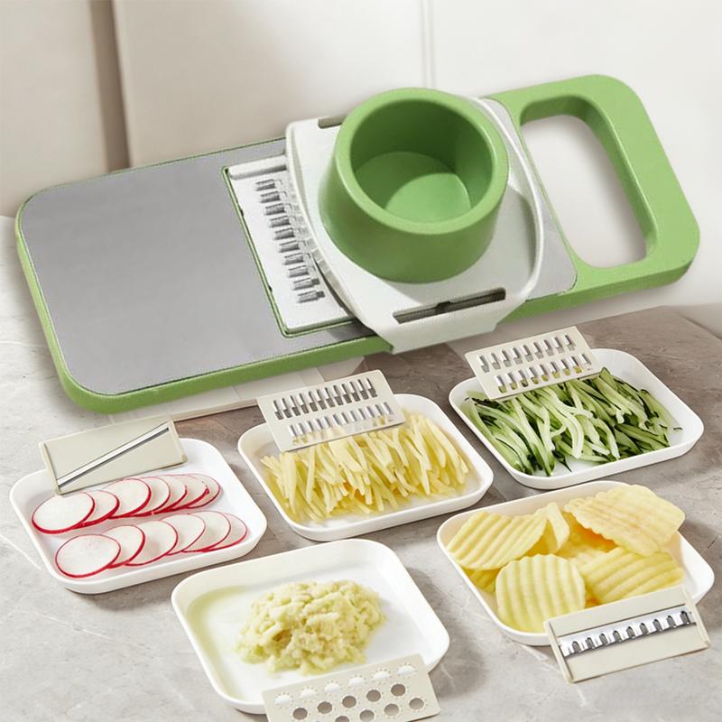 Multi-shaped slicer with adjustable stainless steel blades.